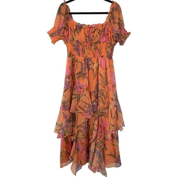NWOT o.p.t Olympia Off-the-Shoulder Floral Midi Dress Size Large - Picture 1 of 8